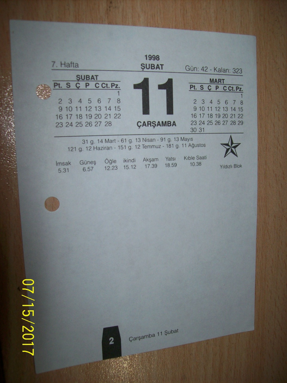 11 Şubat 1993  Çarşamba - Takvim Yaprağı