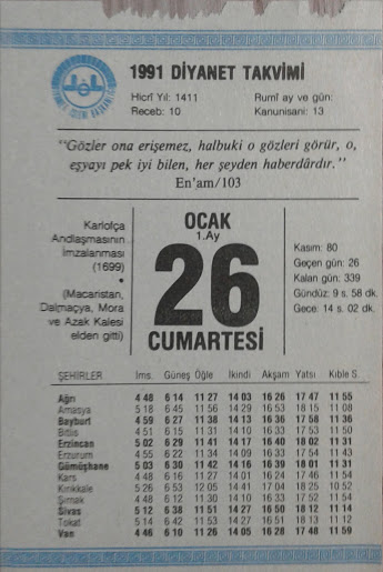 26  OCAK 1991 CUMARTESİ Takvim Yaprağı