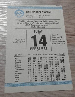 14 ŞUBAT 1991 PERŞEMBE TAKVİM YAPRAĞI