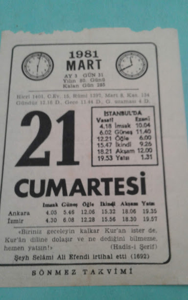 21 MART 1981 CUMARTESİ TAKVİM YAPRAĞI