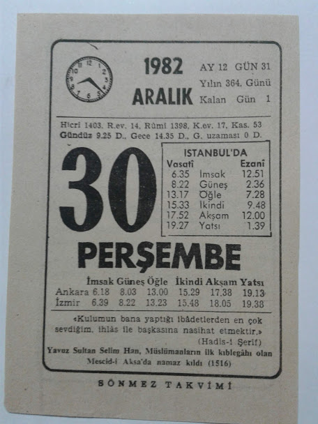 30 ARALIK 1982 PERŞEMBE - TAKVİM YAPRAĞI
