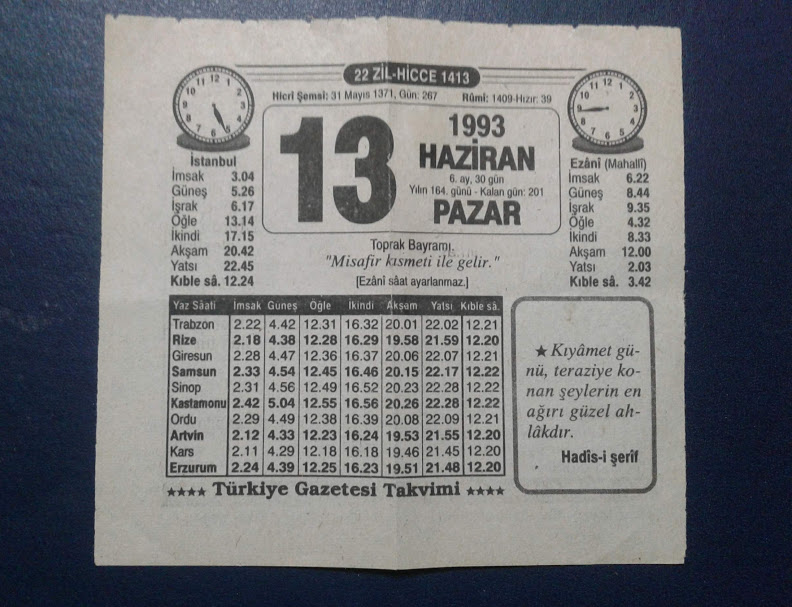 13 HAZİRAN 1993 PAZAR TAKVİM YAPRAĞI 