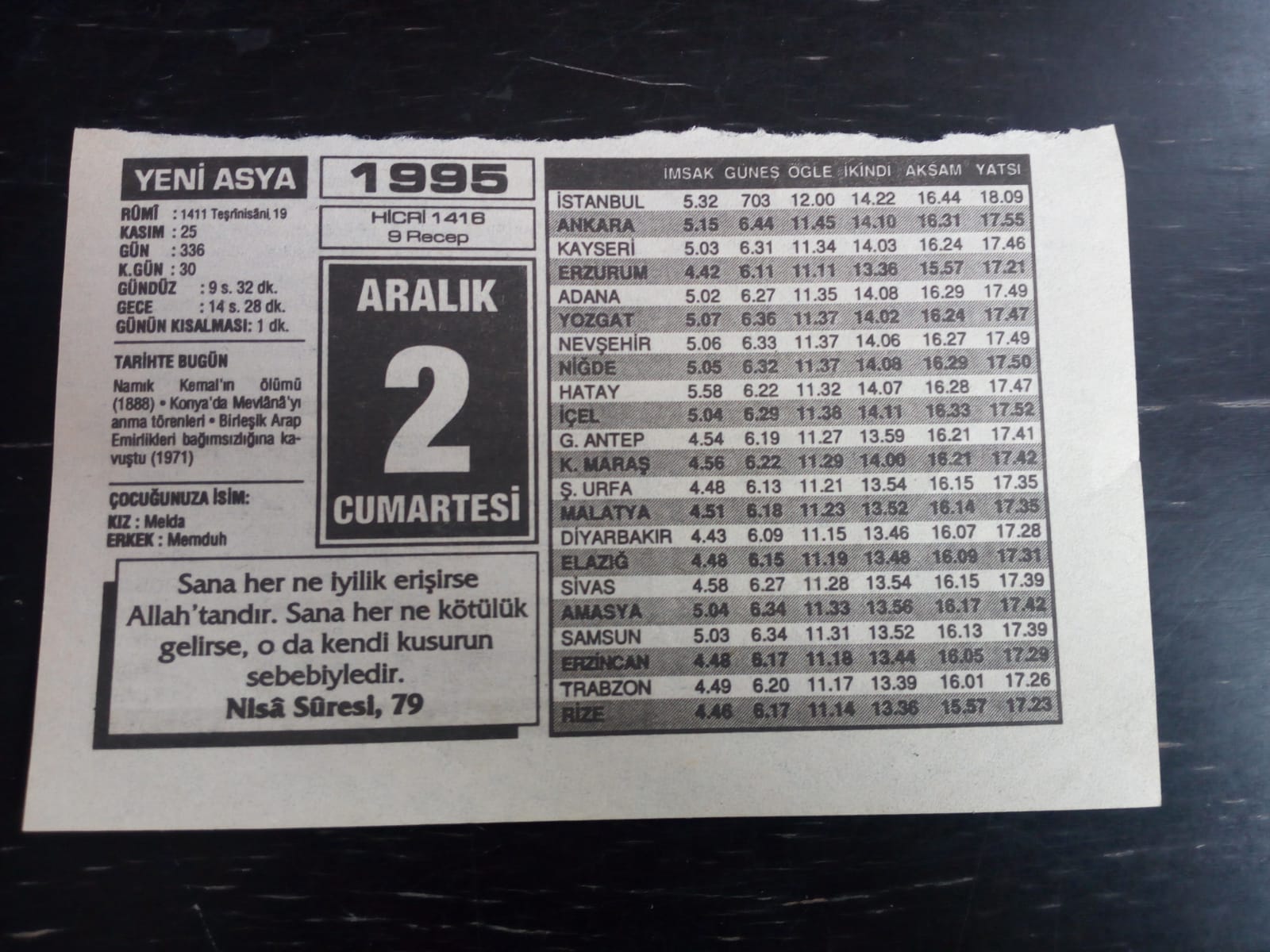 2 ARALIK CUMARTESİ 1995 - TAKVİM YAPRAĞI