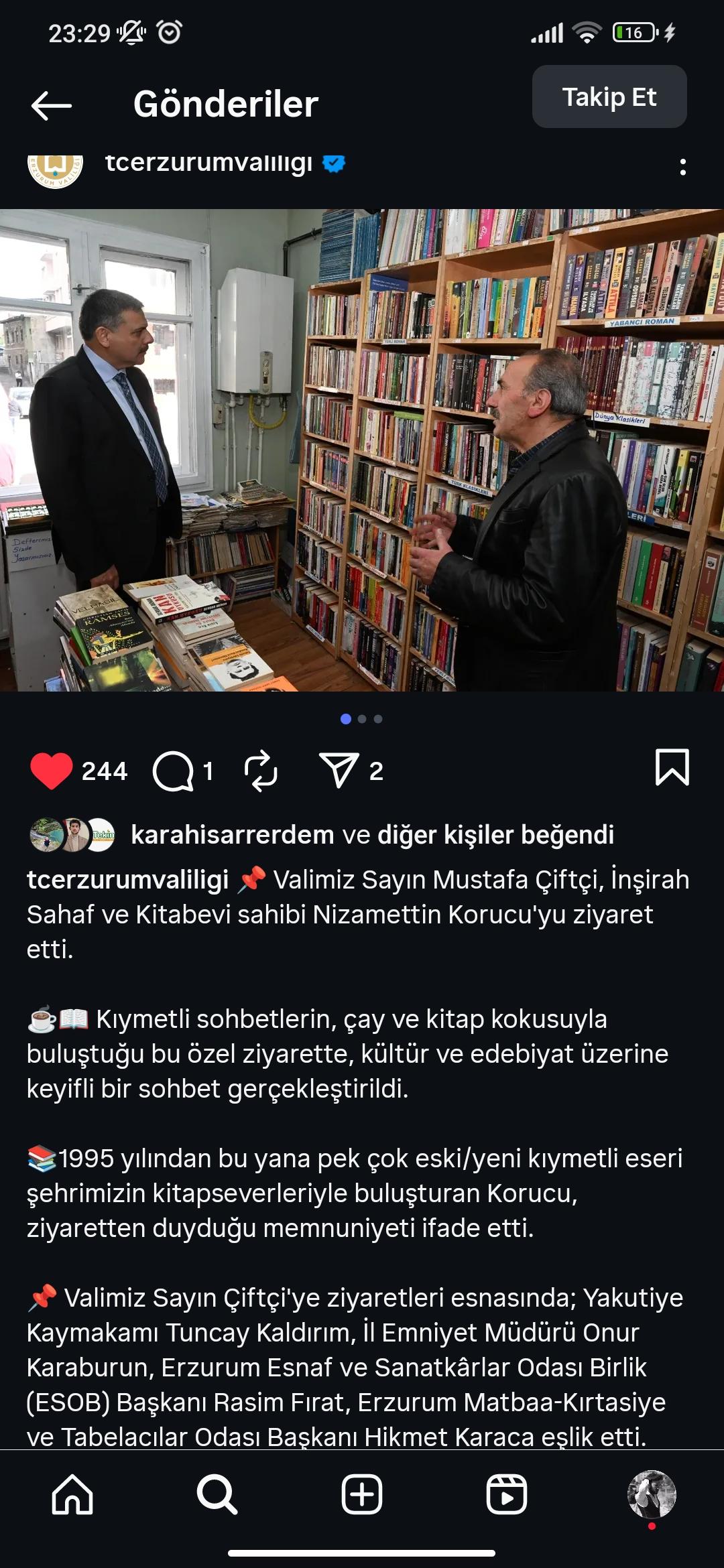 Erzurum Valisi — İnşirah Sahaf ziyareti