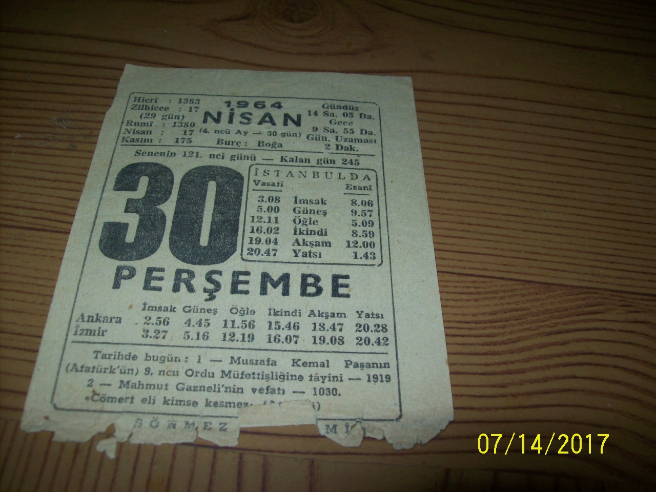 30 Nisan 1964  Perşembe - Takvim Yaprağı