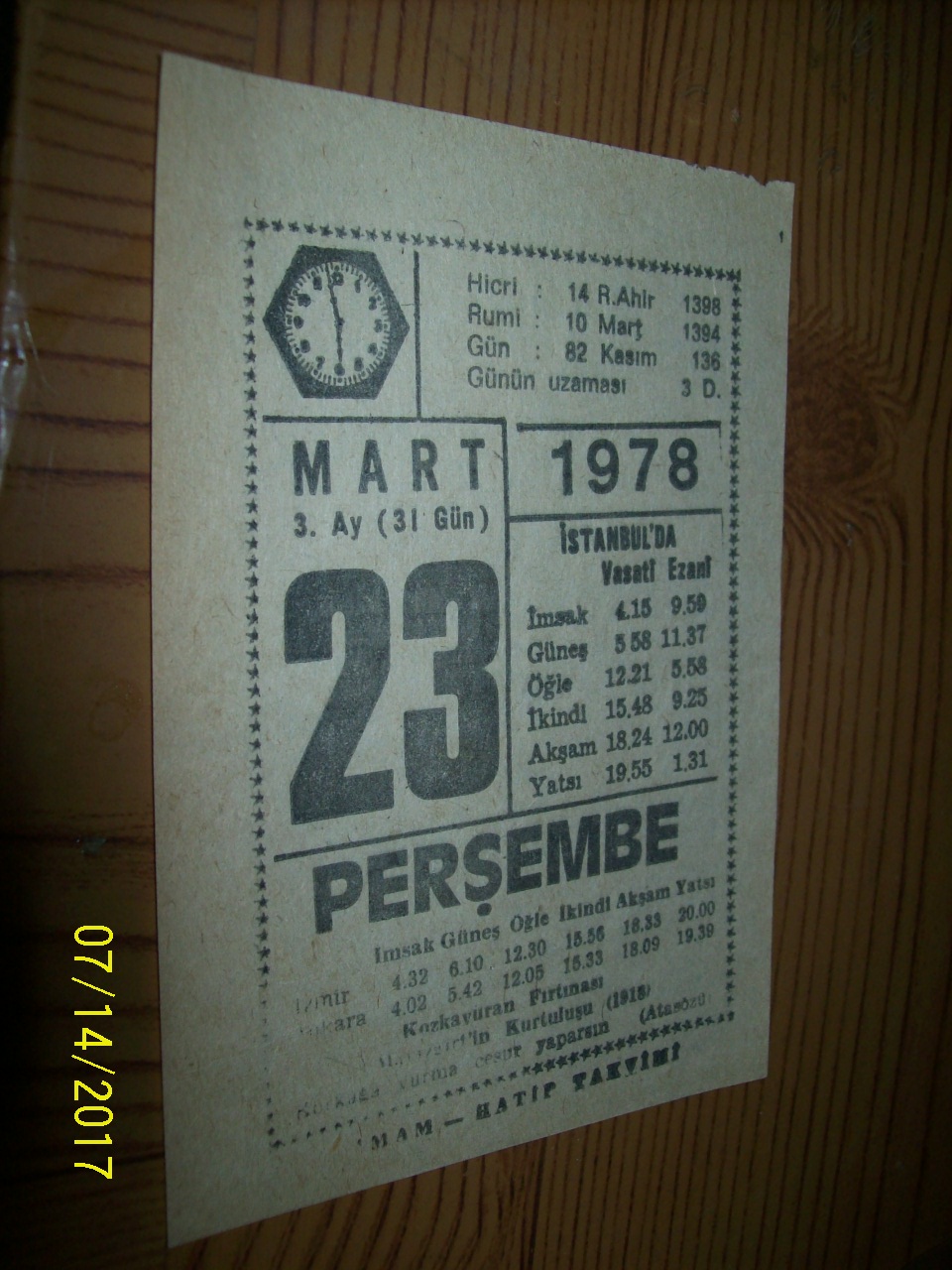 23 Mart 1978 Perşembe - Takvim Yaprağı