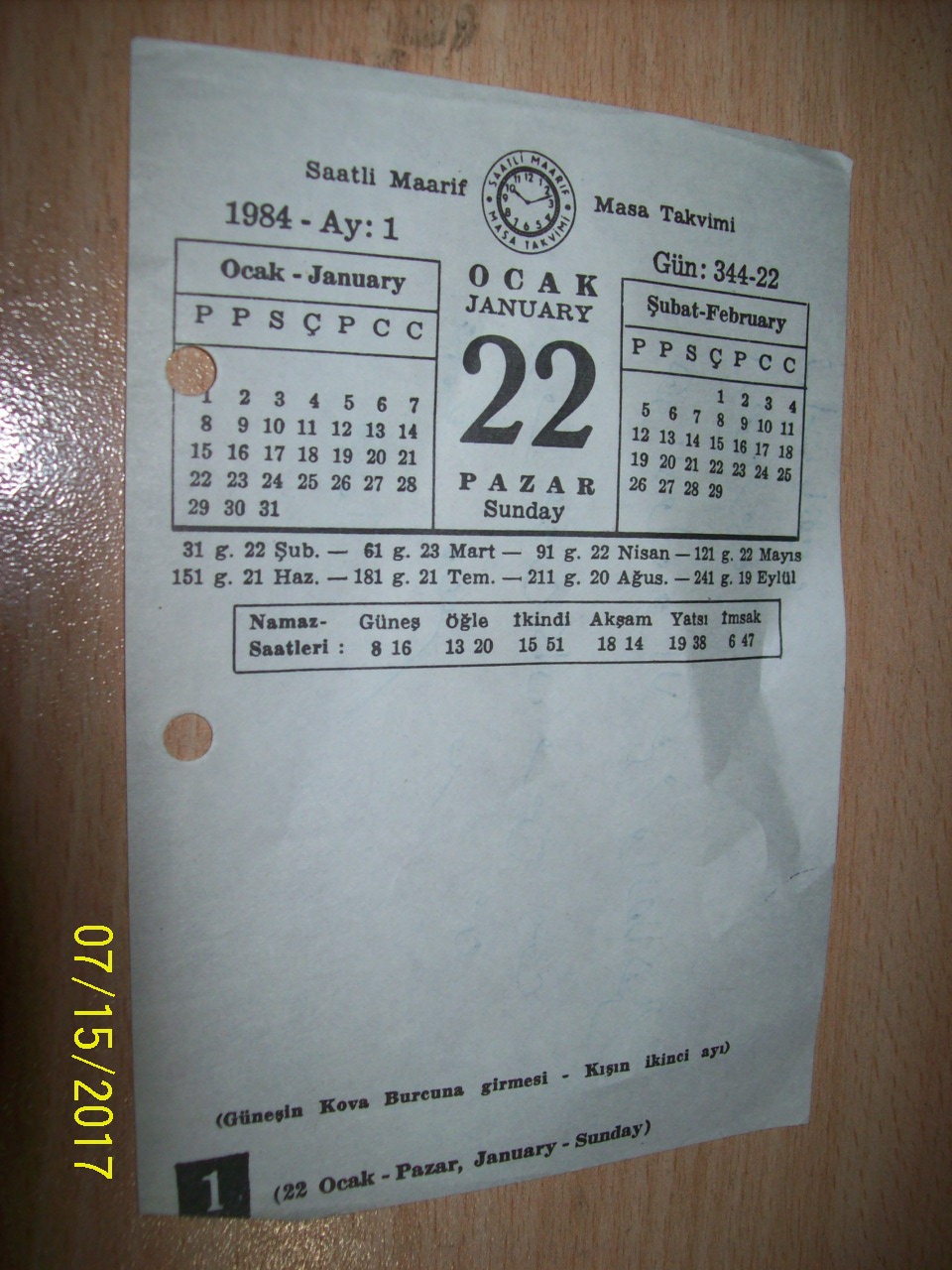 22 Ocak  1984 Pazar - Takvim Yaprağı