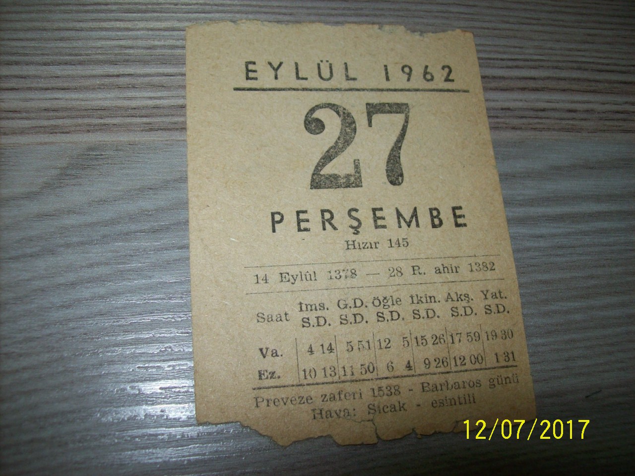 27 Eylül 1962 Perşembe - Takvim Yaprağı
