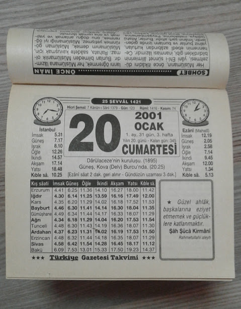 20 OCAK 2001 CUMARTESİ TAKVİM YAPRAĞI