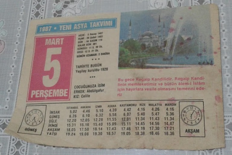 5 Mart 1987 Perşembe Takvim Yaprağı