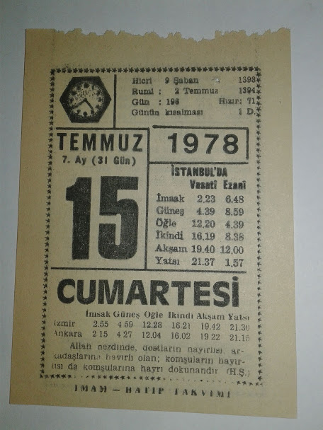 15 TEMMUZ 1978 CUMARTESİ - TAKVİM YAPRAĞI