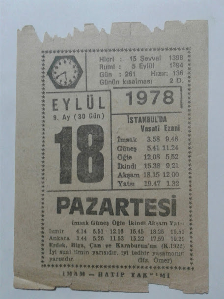 18 EYLÜL 1978 PAZARTESİ - TAKVİM YAPRAĞI